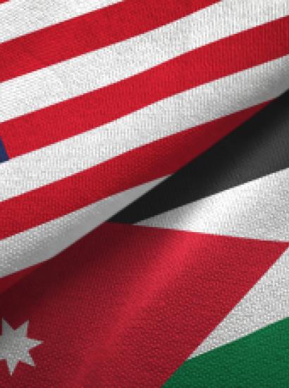 Jordan and United States two flags together textile cloth, fabric texture - stock photo