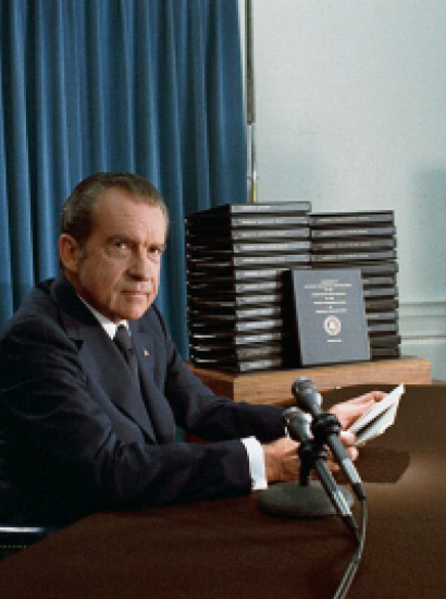 President Nixon, with edited transcripts of Nixon White House Tape conversations during broadcast of his address to the Nation.