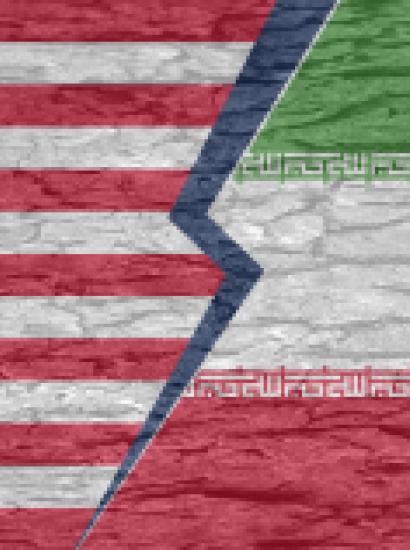 Severed ground separating the countries of america and iran on a cracked surface - stock illustration