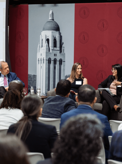 Senior Fellow Eugene Volokh (right), Katie Visser of Cloudflare, Ellie Sakahee of Google and Nicole Lopez of Orrick LLP are seen in Hoover’s Stauffer Auditorium on July 21, 2026.