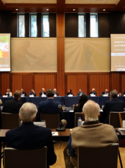 Participants in Hoover’s annual Military History in Contemporary Conflict Working Group conference are seen in Hoover’s Blount Hall on October 9, 2026. (LeAnn Mae Racoma)