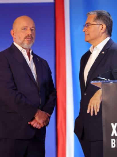 CLAREMONT, CALIFORNIA - APRIL 28: (L-R) Steve Hilton (R) and Xavier Becerra (D) speak during CBS Television Stations' California Gubernatorial Debate on April 28, 2026 in Claremont, California. (Photo by Leon Bennett/Getty Images for CBS Television Stations)