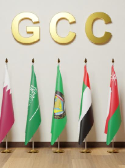Flags of the Gulf Cooperation Council countries, Bahrain, Kuwait, Oman, Qatar, Saudi Arabia, and the United Arab Emirates. - stock photo