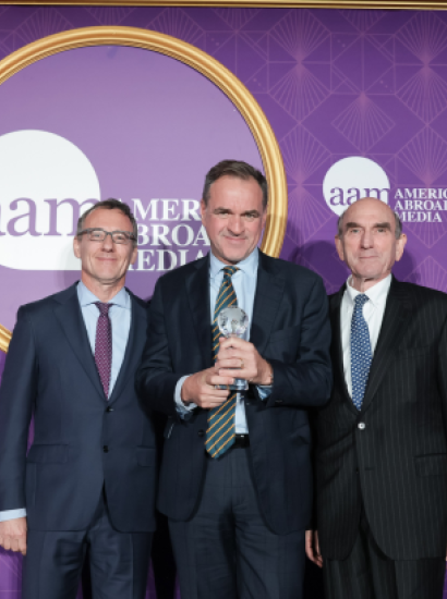 America Abroad Media Founder Aaron Lobel (left), Senior Fellow Sir Niall Ferguson (center) and Elliott Abrams are seen at the America Abroad Media Awards Dinner on October 19, 2026.