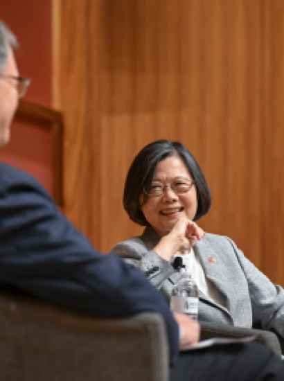 Former Taiwanese President Tsai Ing-wen speaks to Hoover Senior Fellow Larry Diamond about her legacy as the island nation’s president, in Hauck Auditorium on October 8, 2026. (Rod Searcey)