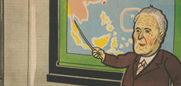 Japanese kamishibai card illustration showing President Roosevelt teaching a class of world leaders using a map of Southeast Asia.