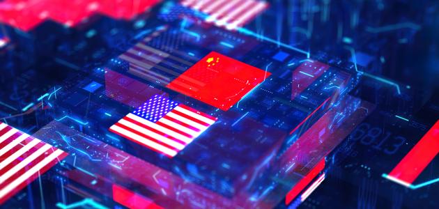 Processor Unit, Chip War. The Chip Crisis, The World's Big Problem. China and usa Flag. stock photo