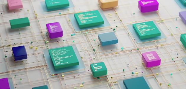 Abstract Circuit Network With Colorful Chips and Connected Data Blocks in 3D Render stock photo