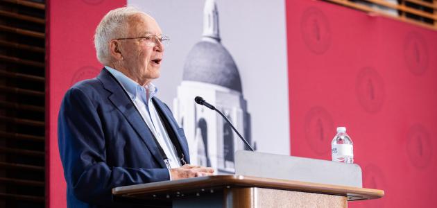 Markets vs. Mandates co-director Terry L. Anderson speaks in Hoover’s Shultz Auditorium on May 12, 2026. (Patrick Beaudouin)