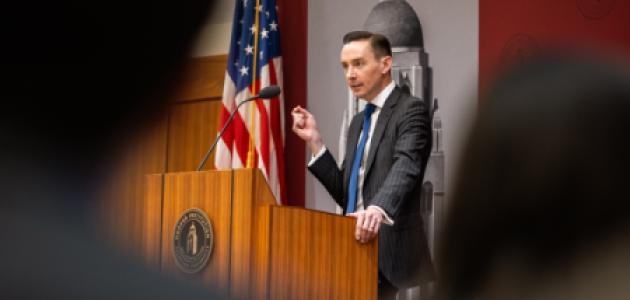 Tyler Goodspeed speaks in Hoover’s Blount Hall on May 8, 2026. (Patrick Beaudouin)