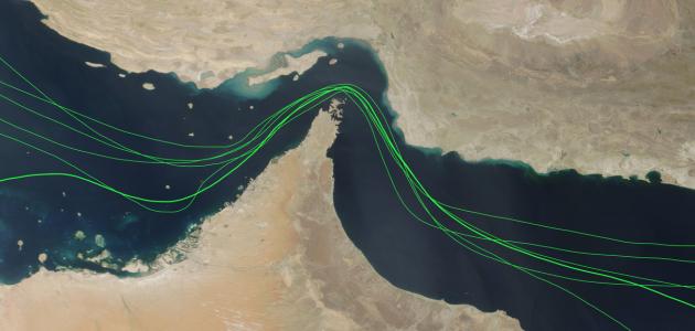 Map of Strait of Hormuz shipping traffic disruption, Gulf oil tanker routes, Middle East crisis 2026, Open - stock photo