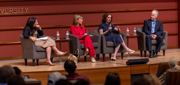 (From left to right) Janine Zacharia, Vicki Liviakis, Elizabeth Green, and Neil Chase are seen in Hoover’s Hauck Auditorium on May 14, 2026. (Patrick Beaudouin)
