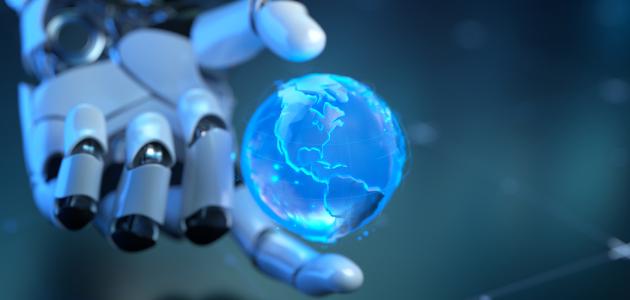Futuristic Robotic Hand Holding a Holographic Blue Globe in Digital Environment stock photo