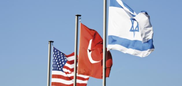 Flags on the mast, USA, Turkey, Israel - stock photo