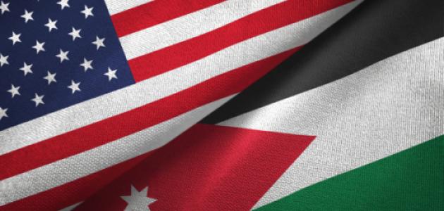 Jordan and United States two flags together textile cloth, fabric texture - stock photo