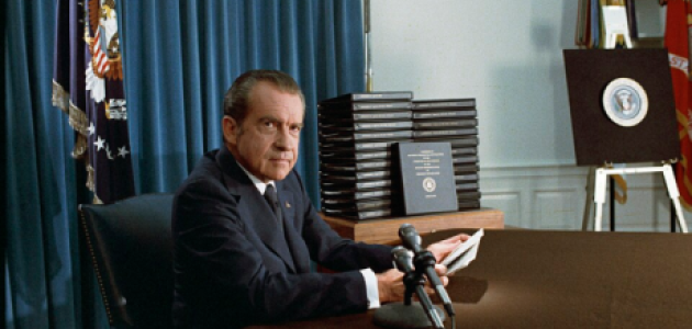 President Nixon, with edited transcripts of Nixon White House Tape conversations during broadcast of his address to the Nation.