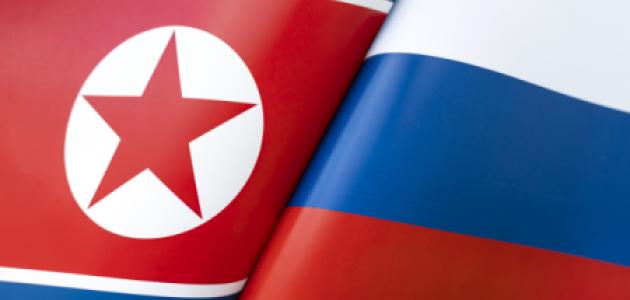 Background of the flags of the North Korea and Russia. The concept of interaction or counteraction between the two countries. International relations. political negotiations. Sports competition. stock photo