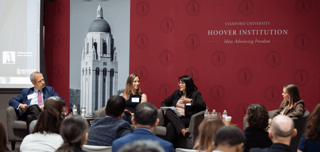 Senior Fellow Eugene Volokh (right), Katie Visser of Cloudflare, Ellie Sakahee of Google and Nicole Lopez of Orrick LLP are seen in Hoover’s Stauffer Auditorium on July 21, 2026.
