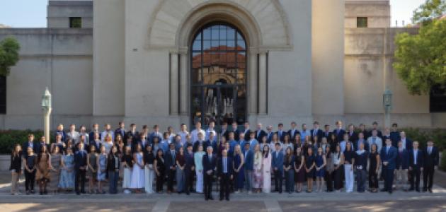 Attendees of the 2026 Hoover Institution Summer Policy Bootcamp are seen in front of Hoover Tower on August 10, 2026. (Patrick Beaudouin)
