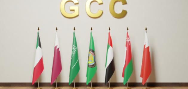 Flags of the Gulf Cooperation Council countries, Bahrain, Kuwait, Oman, Qatar, Saudi Arabia, and the United Arab Emirates. - stock photo