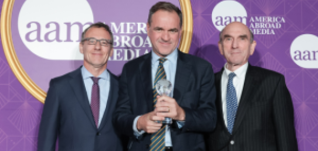 America Abroad Media Founder Aaron Lobel (left), Senior Fellow Sir Niall Ferguson (center) and Elliott Abrams are seen at the America Abroad Media Awards Dinner on October 19, 2026.