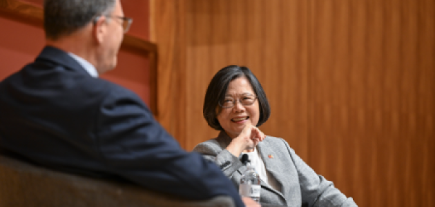 Former Taiwanese President Tsai Ing-wen speaks to Hoover Senior Fellow Larry Diamond about her legacy as the island nation’s president, in Hauck Auditorium on October 8, 2026. (Rod Searcey)