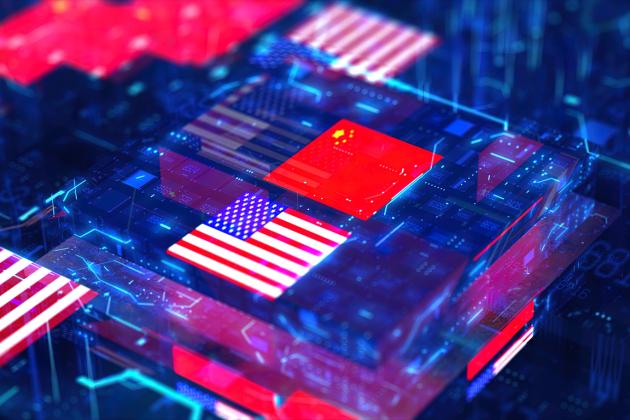 Processor Unit, Chip War. The Chip Crisis, The World's Big Problem. China and usa Flag. stock photo