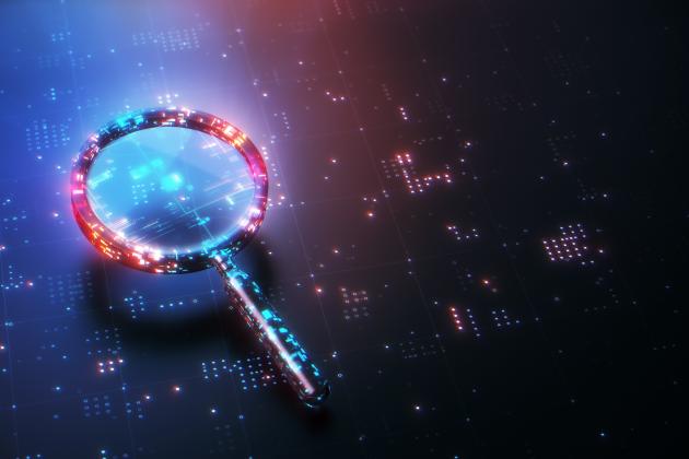 Digital Glitter Magnifying Glass on Technological Background, Search Engine Solution analysis Concept stock photo