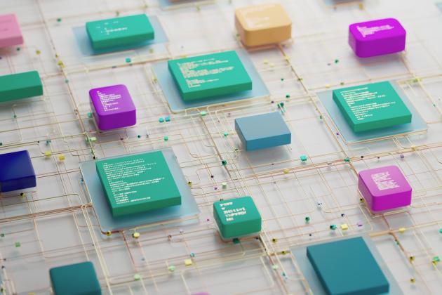 Abstract Circuit Network With Colorful Chips and Connected Data Blocks in 3D Render stock photo