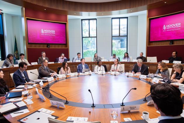 Scholars participating in PEPCON 2026 are seen in Hoover’s Annenberg Conference Room on April 16, 2026. (Patrick Beaudouin)
