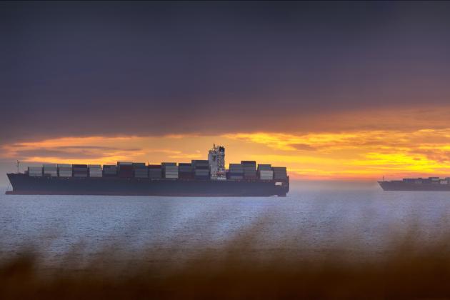 High resolution image of Container ships waiting to enter Cape Town harbour. - stock photo