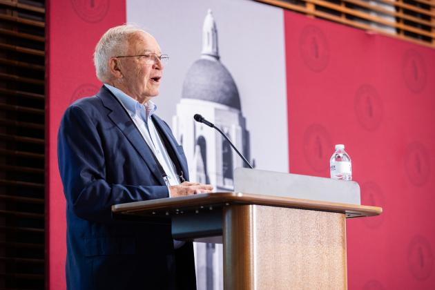 Markets vs. Mandates co-director Terry L. Anderson speaks in Hoover’s Shultz Auditorium on May 12, 2026. (Patrick Beaudouin)