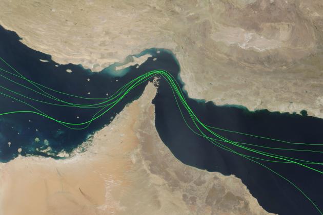 Map of Strait of Hormuz shipping traffic disruption, Gulf oil tanker routes, Middle East crisis 2026, Open - stock photo