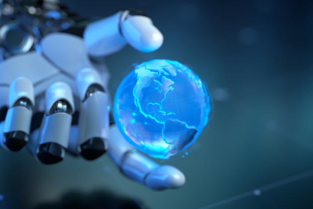 Futuristic Robotic Hand Holding a Holographic Blue Globe in Digital Environment stock photo
