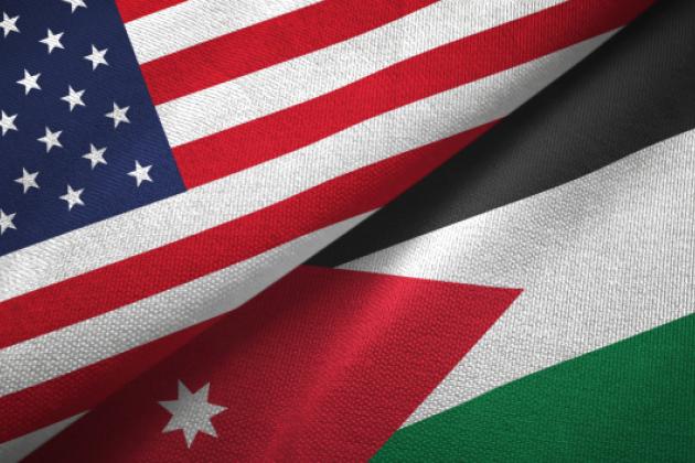 Jordan and United States two flags together textile cloth, fabric texture - stock photo
