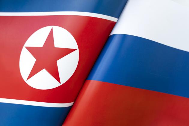 Background of the flags of the North Korea and Russia. The concept of interaction or counteraction between the two countries. International relations. political negotiations. Sports competition. stock photo
