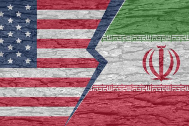 Severed ground separating the countries of america and iran on a cracked surface - stock illustration