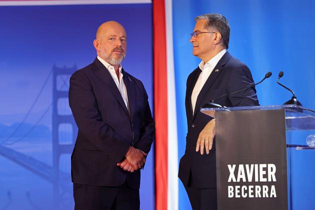 CLAREMONT, CALIFORNIA - APRIL 28: (L-R) Steve Hilton (R) and Xavier Becerra (D) speak during CBS Television Stations' California Gubernatorial Debate on April 28, 2026 in Claremont, California. (Photo by Leon Bennett/Getty Images for CBS Television Stations)