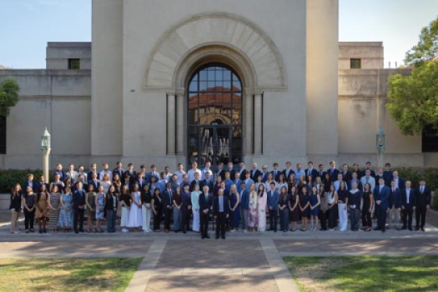 Attendees of the 2026 Hoover Institution Summer Policy Bootcamp are seen in front of Hoover Tower on August 10, 2026. (Patrick Beaudouin)