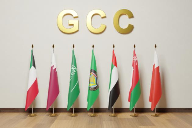 Flags of the Gulf Cooperation Council countries, Bahrain, Kuwait, Oman, Qatar, Saudi Arabia, and the United Arab Emirates. - stock photo