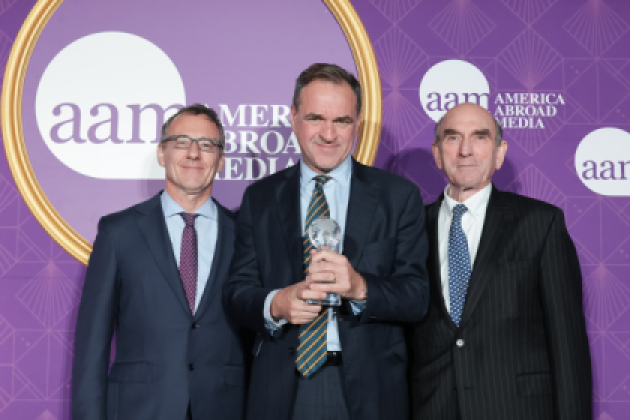 America Abroad Media Founder Aaron Lobel (left), Senior Fellow Sir Niall Ferguson (center) and Elliott Abrams are seen at the America Abroad Media Awards Dinner on October 19, 2026.