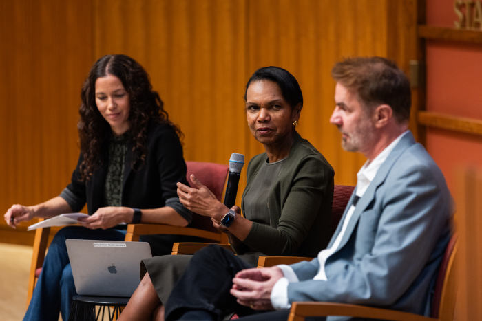 Hoover Institution Director Condoleezza Rice speaks about generative AI and democracy on September 24, 2024. (Patrick Beaudouin)