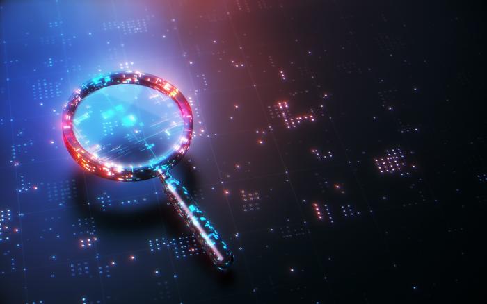 Digital Glitter Magnifying Glass on Technological Background, Search Engine Solution analysis Concept stock photo