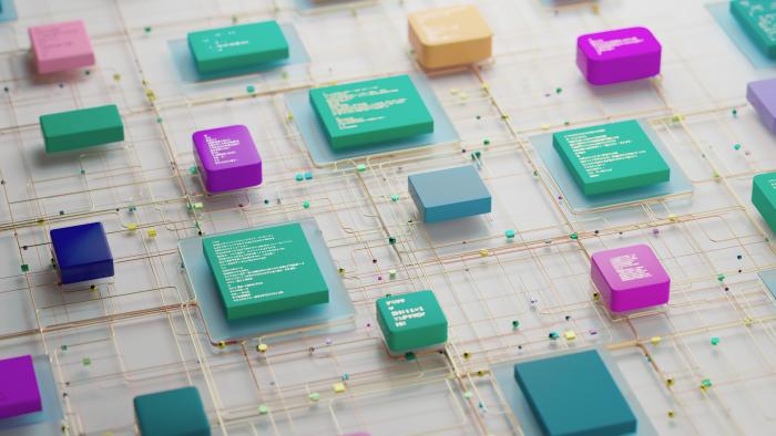 Abstract Circuit Network With Colorful Chips and Connected Data Blocks in 3D Render stock photo
