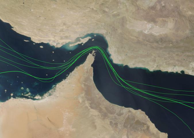 Map of Strait of Hormuz shipping traffic disruption, Gulf oil tanker routes, Middle East crisis 2026, Open - stock photo