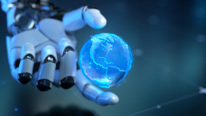 Futuristic Robotic Hand Holding a Holographic Blue Globe in Digital Environment stock photo