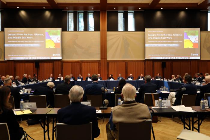 Participants in Hoover’s annual Military History in Contemporary Conflict Working Group conference are seen in Hoover’s Blount Hall on October 9, 2026. (LeAnn Mae Racoma)