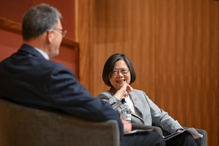 Former Taiwanese President Tsai Ing-wen speaks to Hoover Senior Fellow Larry Diamond about her legacy as the island nation’s president, in Hauck Auditorium on October 8, 2026. (Rod Searcey)