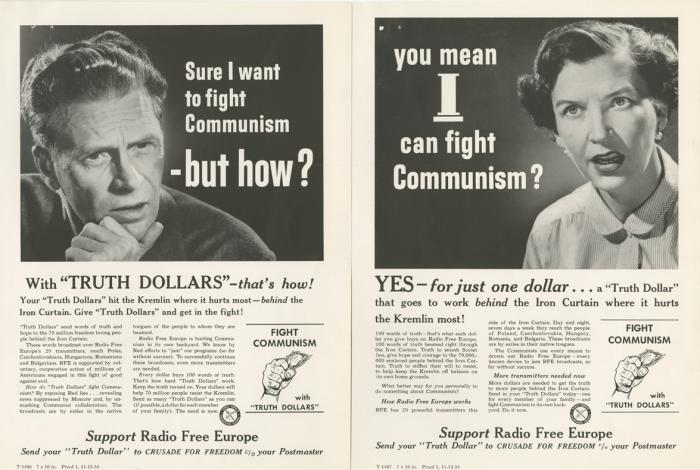 Proofs of advertisements from the Crusade for Freedom Advertising Council's "Truth Dollar" campaign, 1954  (Radio Free Europe/Radio Liberty, Inc. Corporate Records, Box 2236, Folder 1)