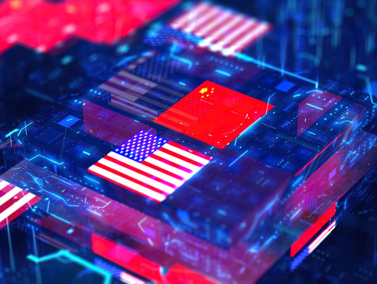 Processor Unit, Chip War. The Chip Crisis, The World's Big Problem. China and usa Flag. stock photo